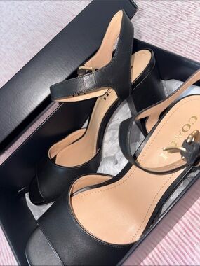 Coach Black Leather Block Heel Sandals with Ankle Strap